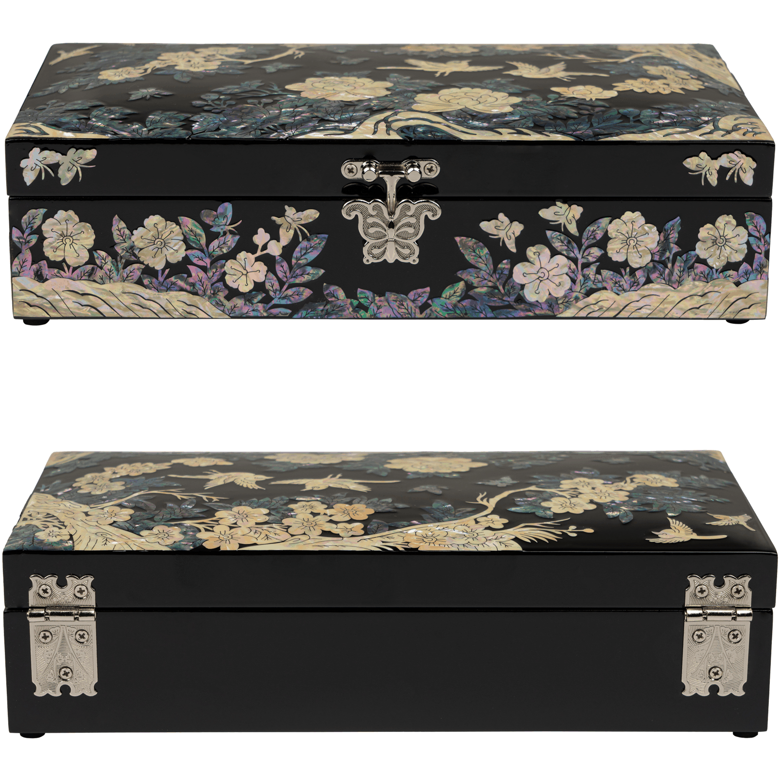 A black rectangular jewelry box with mother-of-pearl inlay depicting floral and butterfly designs. The clasp and corners have metal accents.