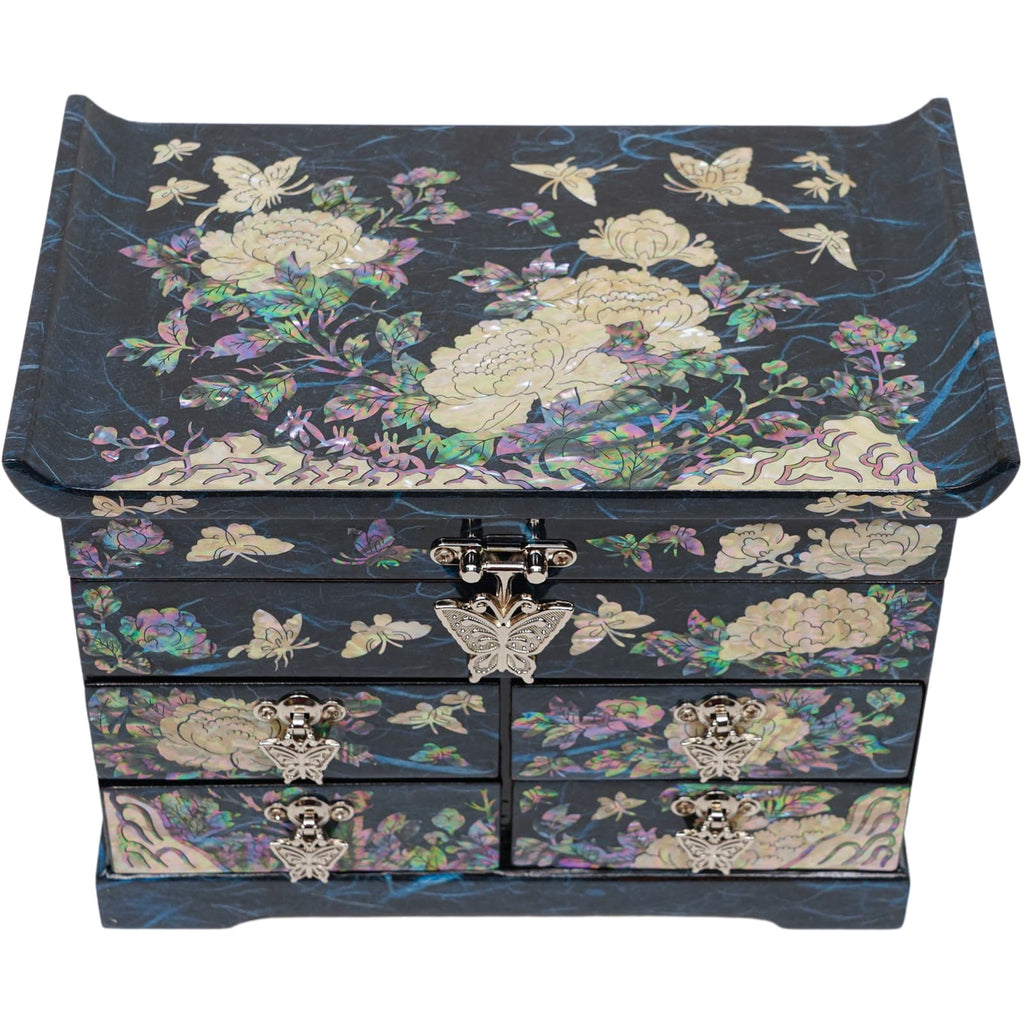 Beautiful Mother of Pearl Jewelry Box with 4 Drawers Flower and Butterflies design Blue Color