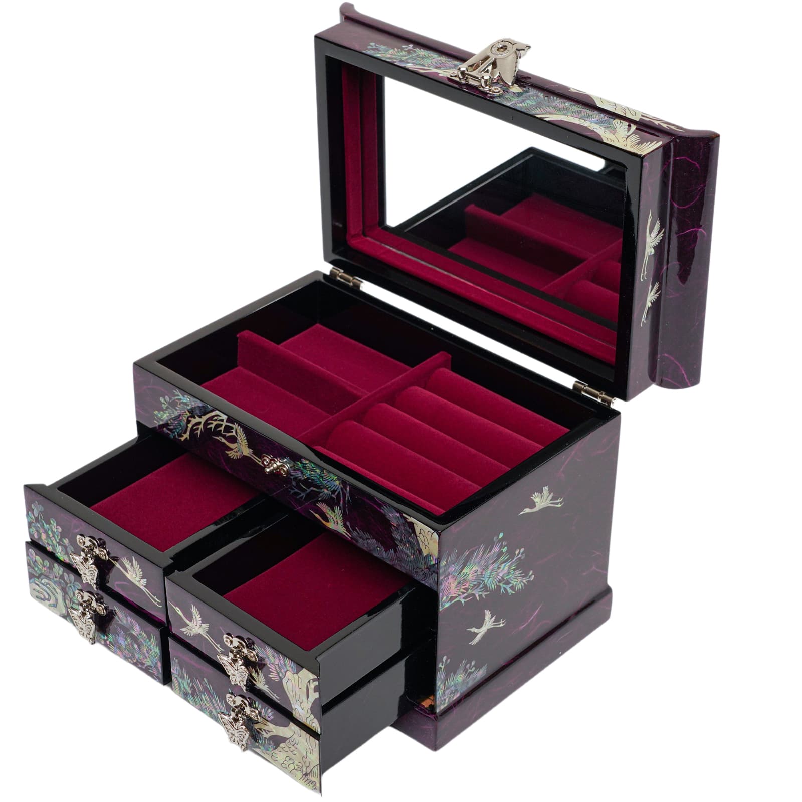 A purple mother-of-pearl jewelry box open to reveal a mirror and plush red interior, with multiple compartments and drawers for storage, accented with crane designs.