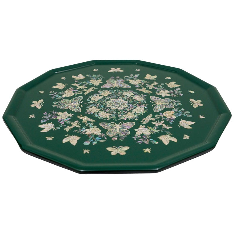 A octagonal tray adorned with luminous butterflies and florals in blues and greens. At its heart is a detailed floral motif, with surrounding butterflies, conveying a sense of refined artistry.