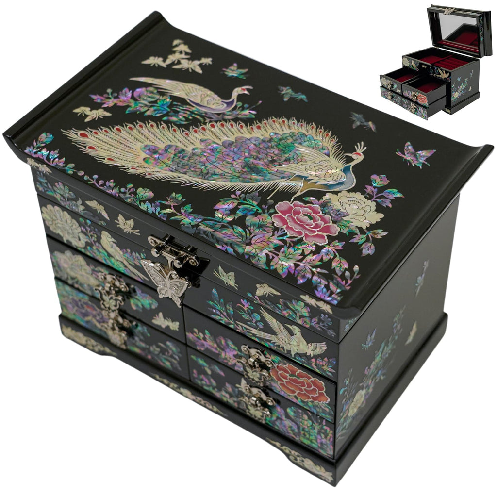 A black mother-of-pearl jewelry box featuring a vibrant peacock and floral design, with multiple drawers and intricate metalwork.