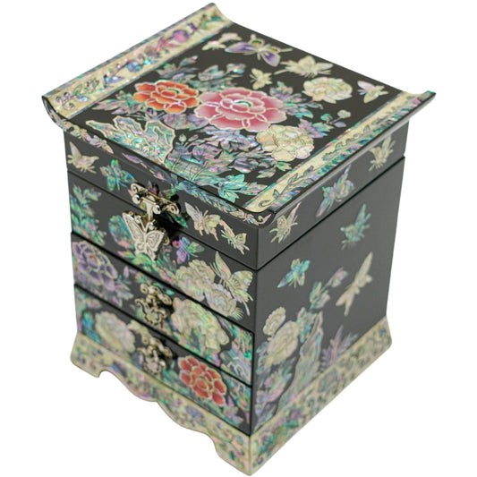 A jewelry box with colorful mother-of-pearl inlay depicting flowers and butterflies on a dark background.