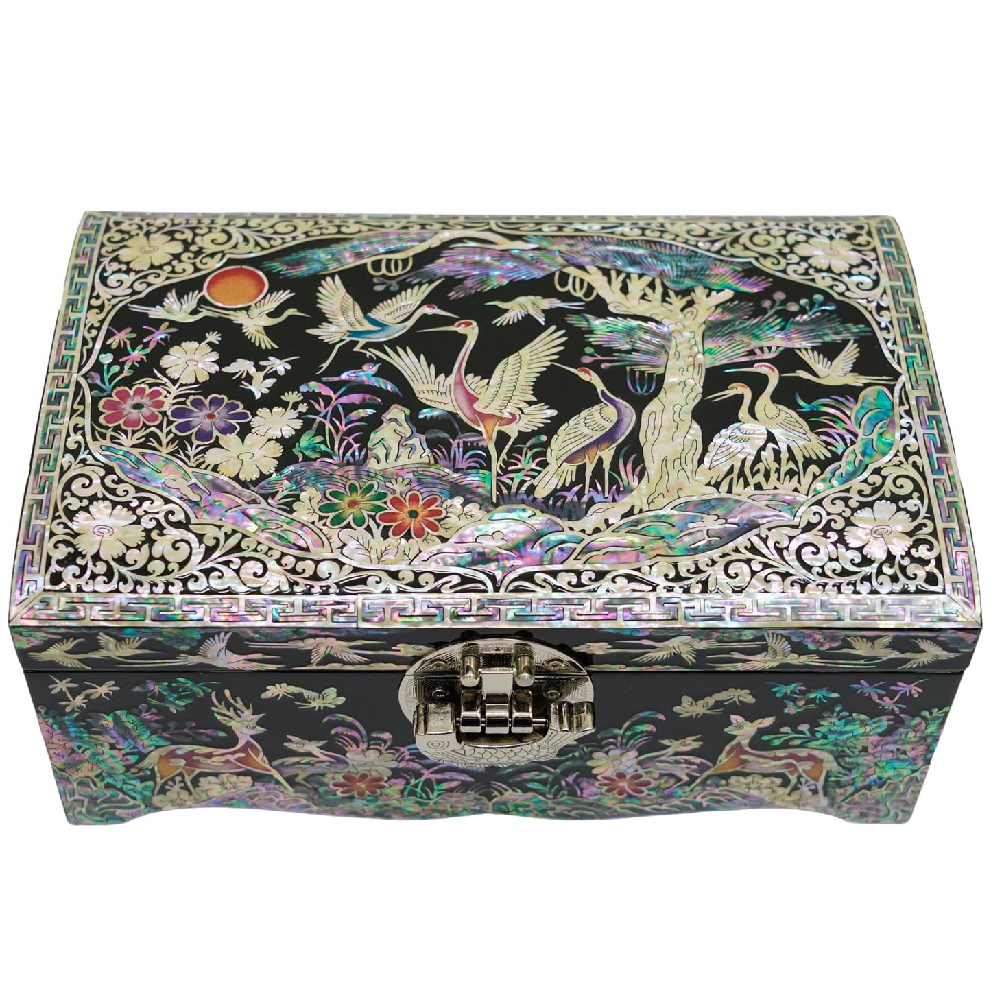 An elegant Mother of Pearl box adorned with cranes and flora, featuring a luminous finish with intricate trees, and a geometric frame. It has a sturdy latch to safeguard treasures and showcases beautiful detail.