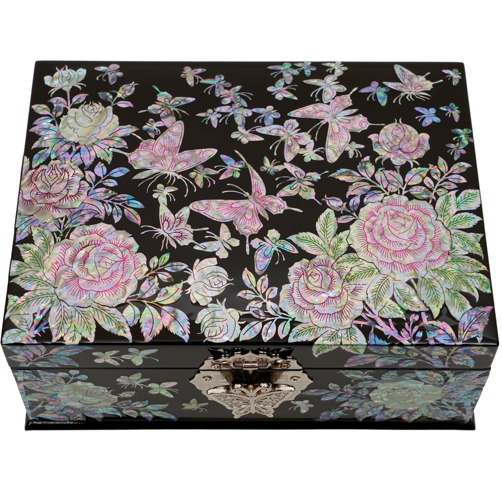 A black lacquered jewelry box with mother of pearl inlay featuring pink roses and butterflies on the lid and a reflective marbled design on the front.