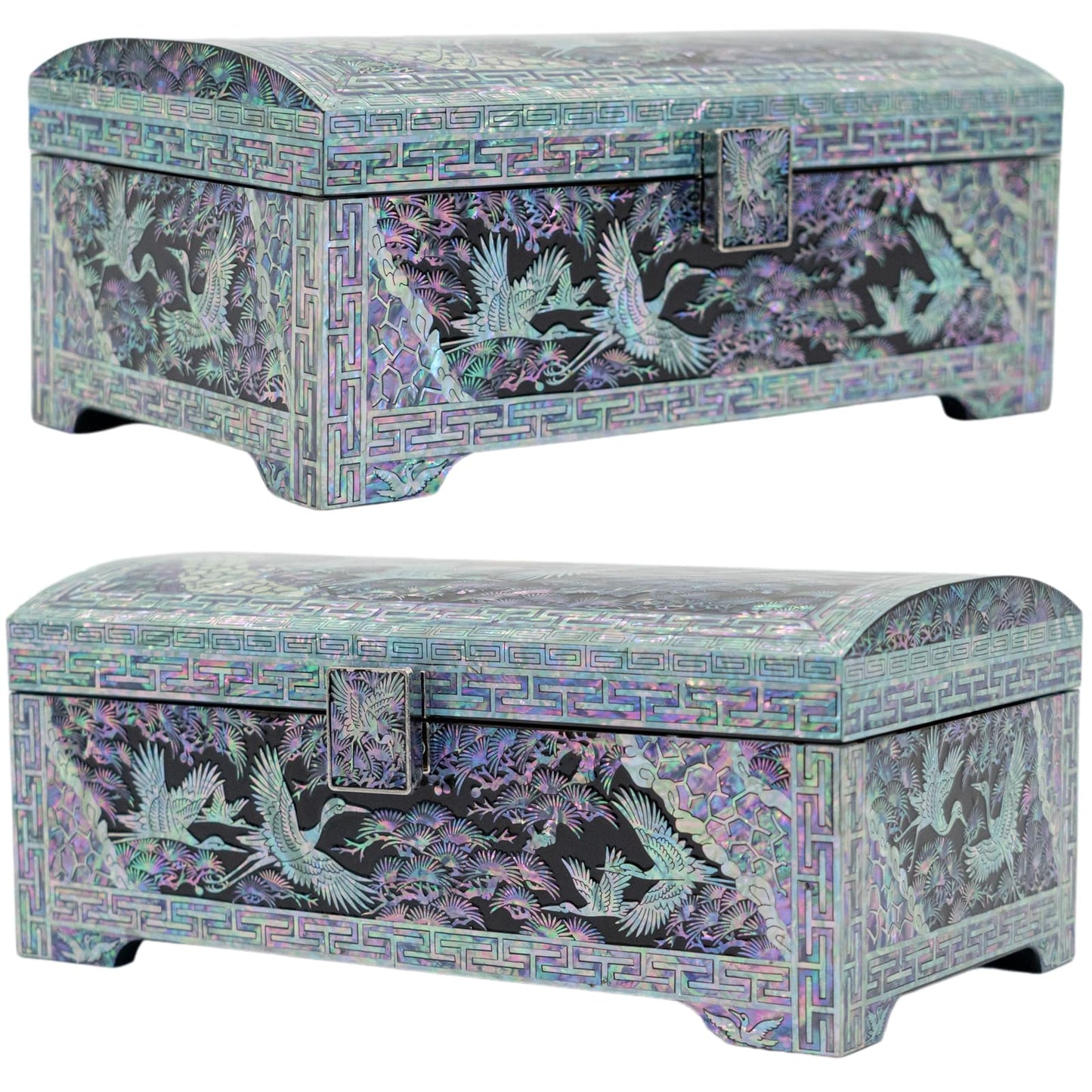 The image shows two angles of a closed jewelry box with mother-of-pearl inlay depicting cranes and pine trees on the sides