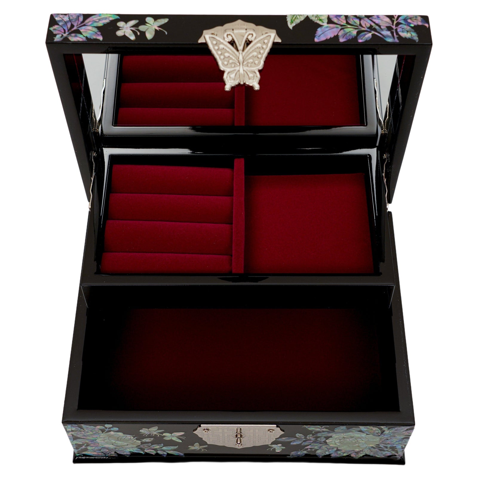 A two-tiered black jewelry box with plush red lining for rings and necklaces, adorned with a mother of pearl butterfly and floral design on the sides.