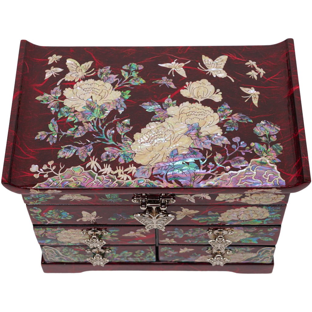 A red mother-of-pearl jewelry box with intricate peony and butterfly designs and silver clasp. Perfect for gifting.