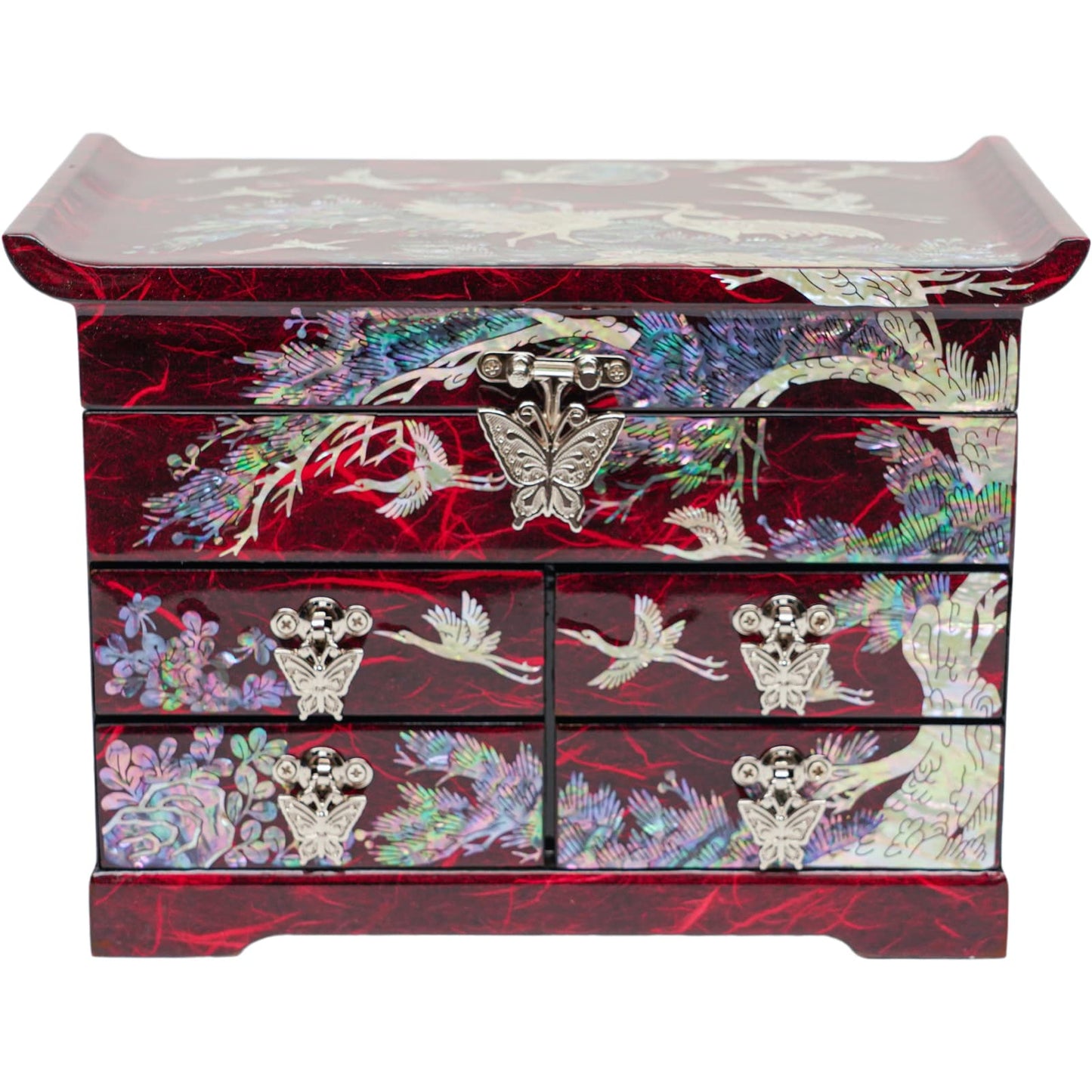 A red jewelry box with mother-of-pearl inlay showcasing butterflies and cranes, a unique gift symbolizing friendship and love.
