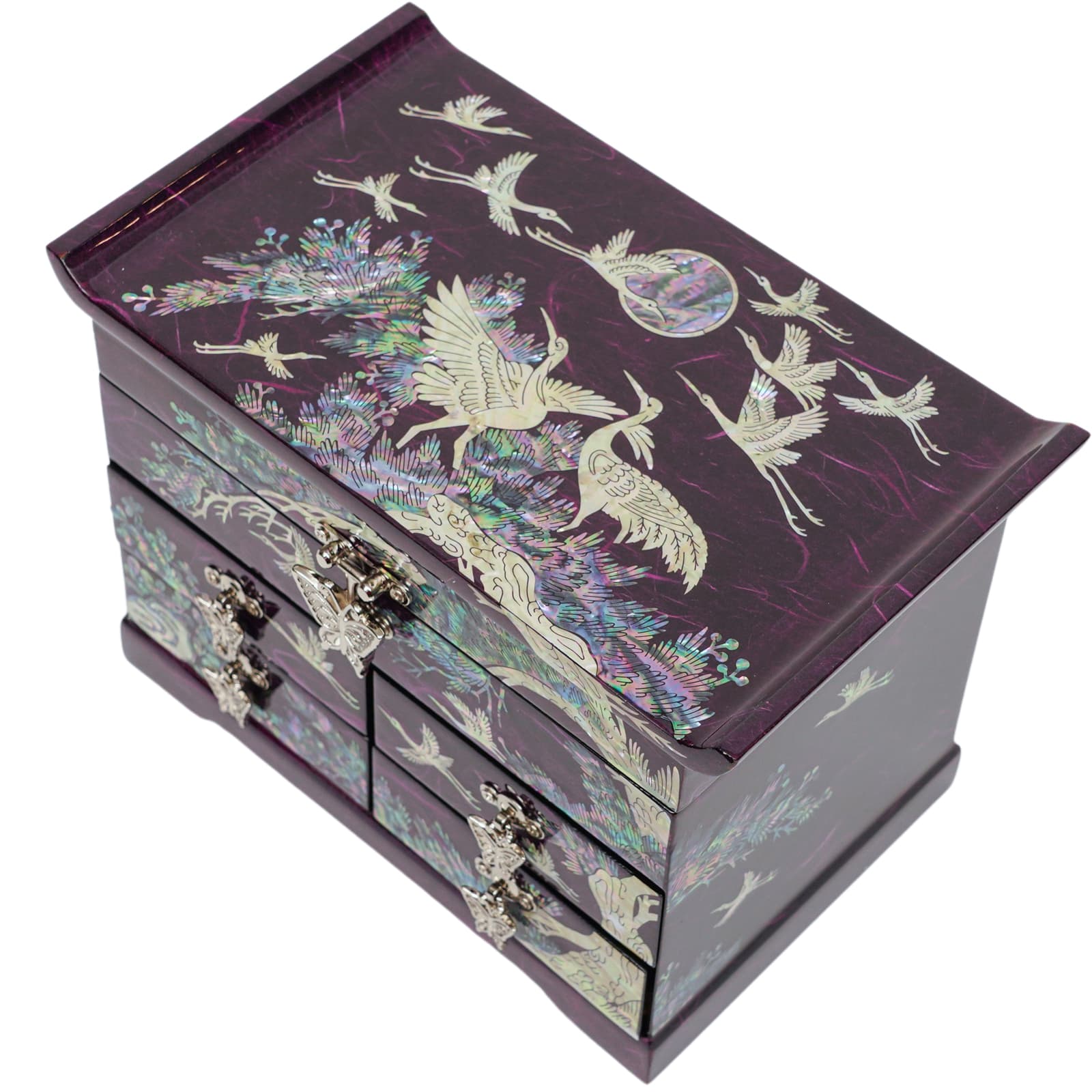 A purple  Korean mother-of-pearl jewelry box adorned with intricate crane and floral inlays, featuring multiple drawers and a hinged lid.