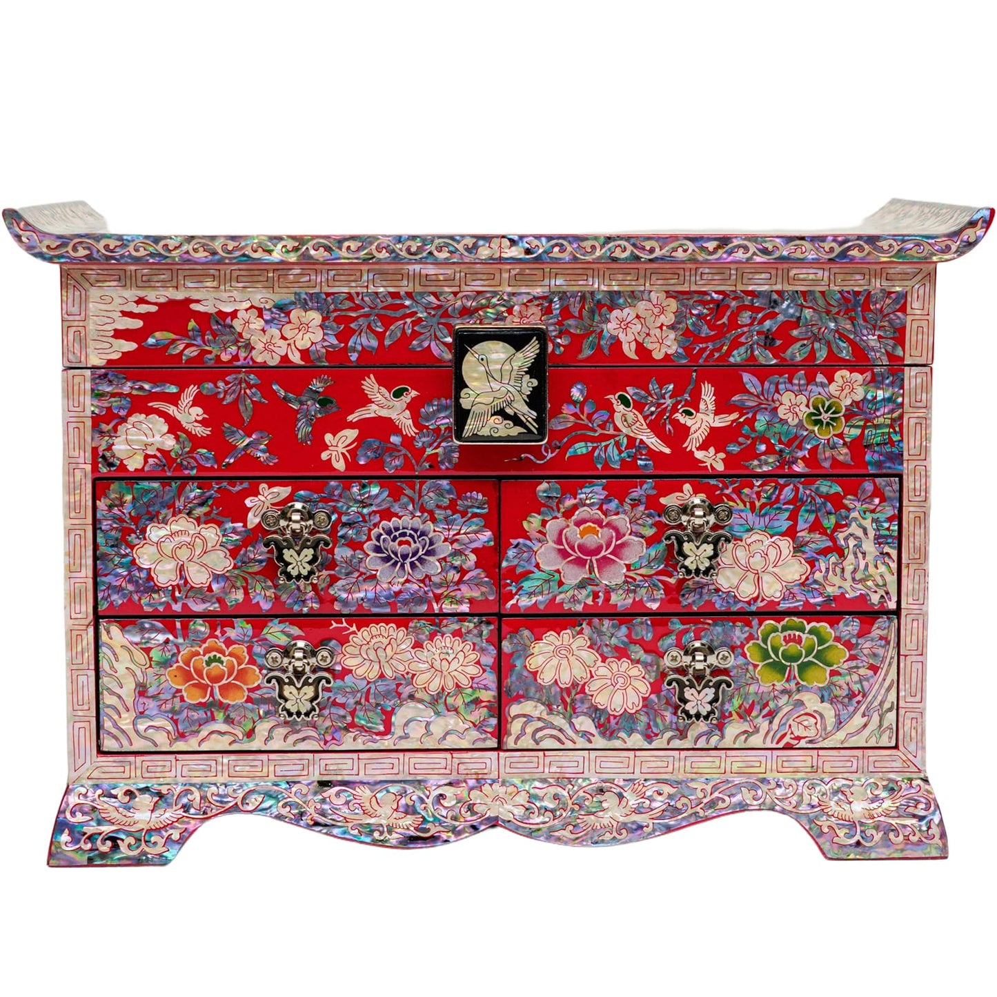 Red Large Crane Jewelry box with 4 Drawers