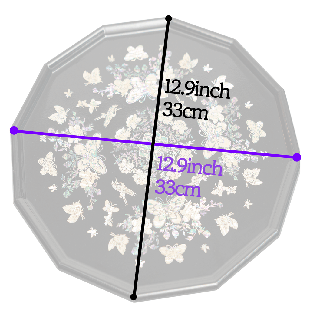 The image shows the dimensions of an octagonal tray, measuring 12.9 inches (33 cm) across both width and height.