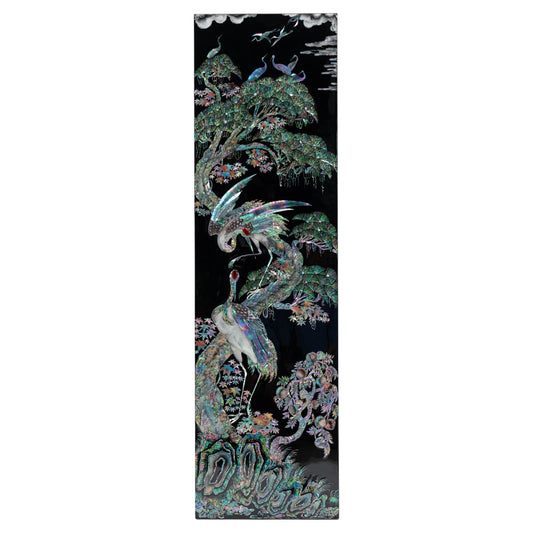 Vertical mother-of-pearl wall art panel featuring cranes and pine tree motif, black lacquer background, handcrafted Korean decorative art