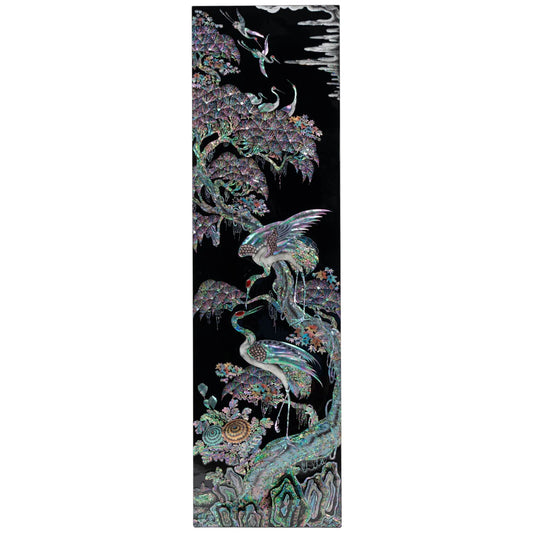 Handcrafted mother-of-pearl wall art panel with cranes and floral details, vertical black lacquer decorative artwork for home or office