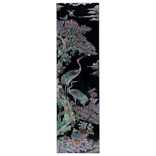 Tall mother-of-pearl wall art panel with crane and nature scene, iridescent shell inlay on black lacquer, elegant Asian decor