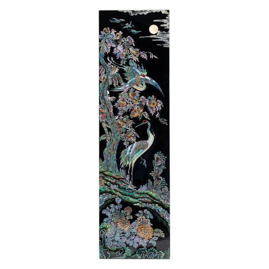 Handcrafted vertical mother-of-pearl wall art panel with cranes and fruit tree design on black lacquer background