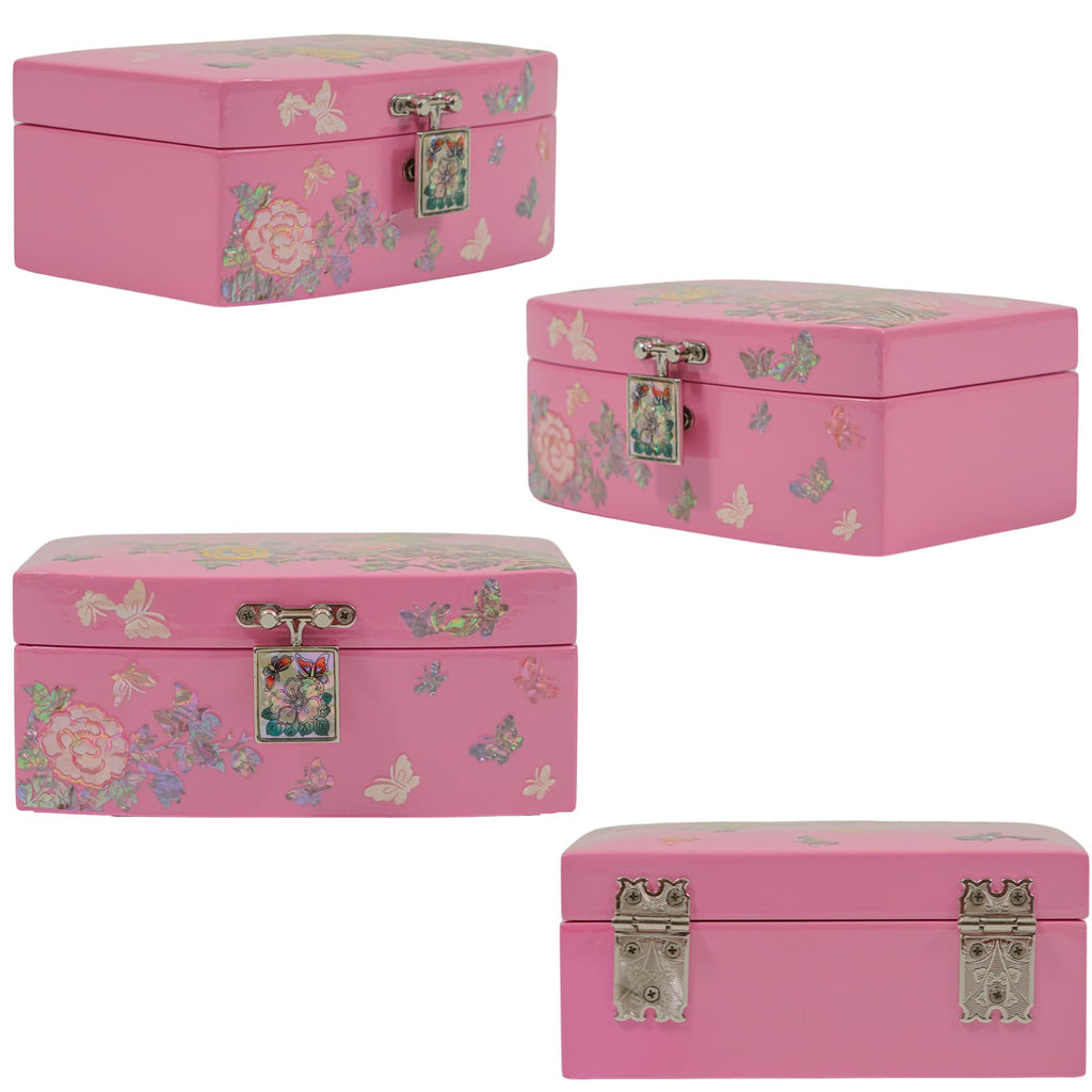 Elegant pink jewelry box adorned with delicate butterfly and floral motifs. Features a mother of pearl latch centerpiece and intricate metal hinges. Radiates a feminine charm, ideal for storing treasured keepsakes.