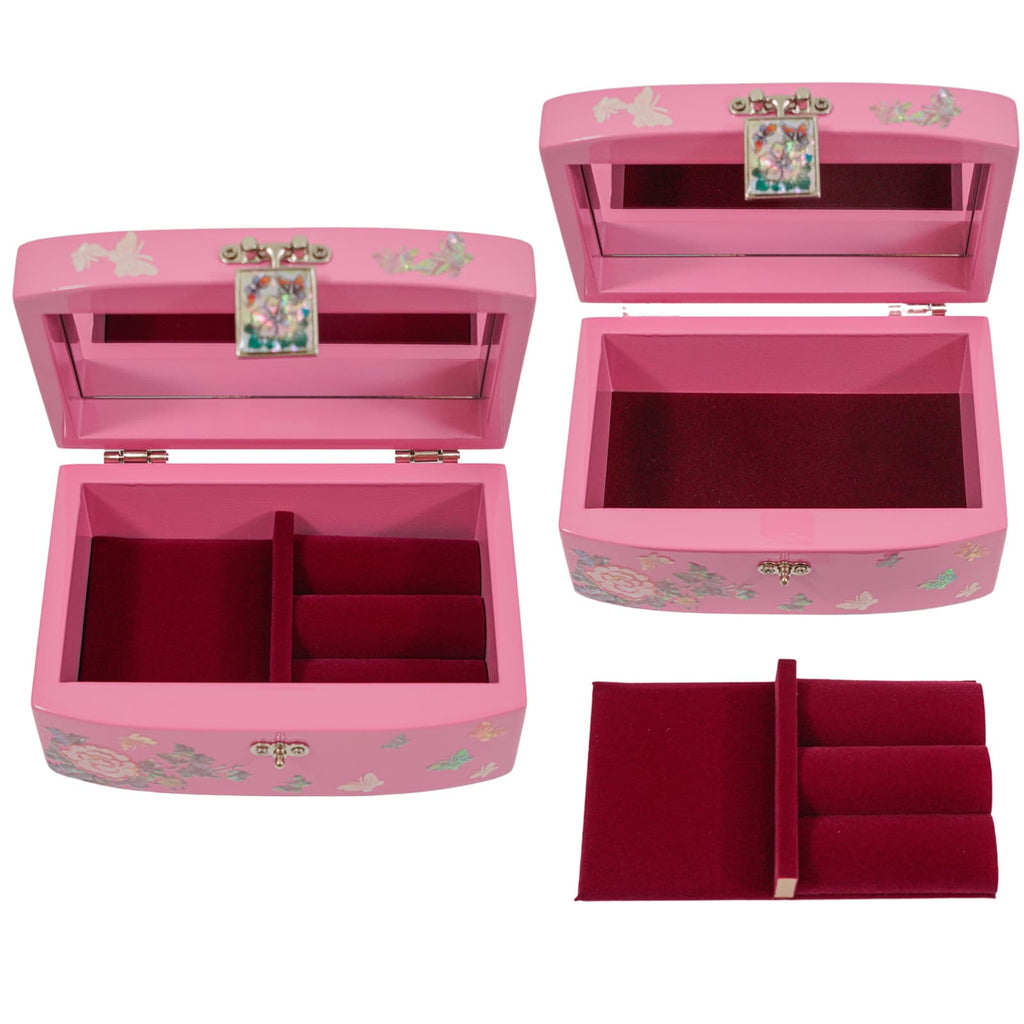 A graceful pink jewelry box with an open lid, showcasing its spacious interior. It's beautifully decorated with butterfly and floral designs. The bottom section features a removable velvet-lined tray with compartments, ideal for organizing small jewelry pieces.