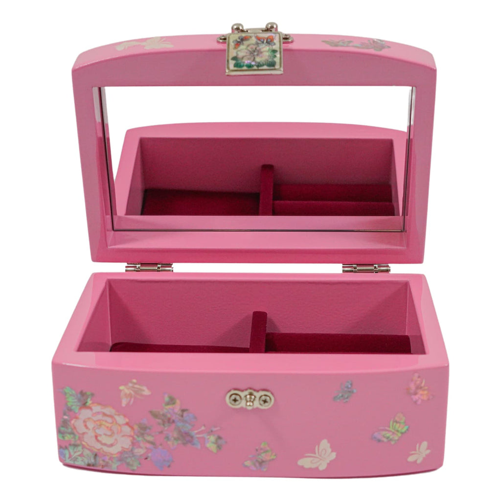 A pink Mother of Pearl jewelry box with a hinged lid, showcasing intricate floral and butterfly designs. The box features a center mirror on the lid's interior, silver-toned hardware, and divided burgundy compartments inside for organizing jewelry.