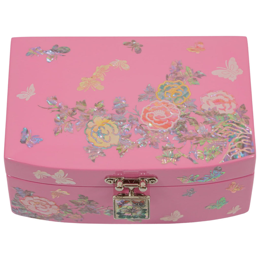 A vibrant pink jewelry box adorned with intricate mother of pearl designs. The box showcases detailed patterns of flowers, butterflies, and leaves in shimmering pastel colors. It has a silver clasp with a floral motif for secure closure.
