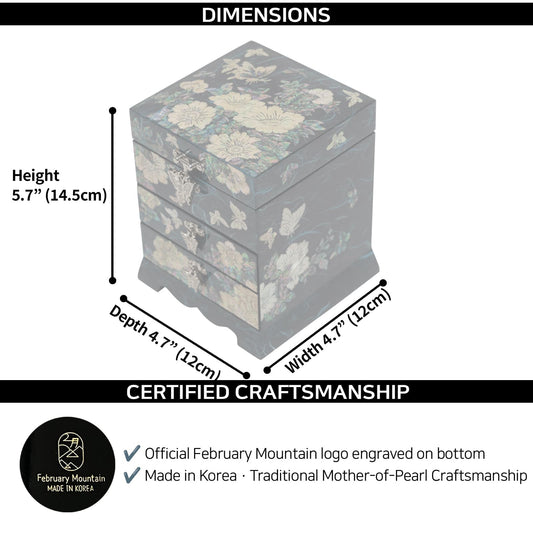 5.7 inch tall jewelry box dimensions with February Mountain logo certification. Handcrafted quality guarantee for authentic shell inlay art.