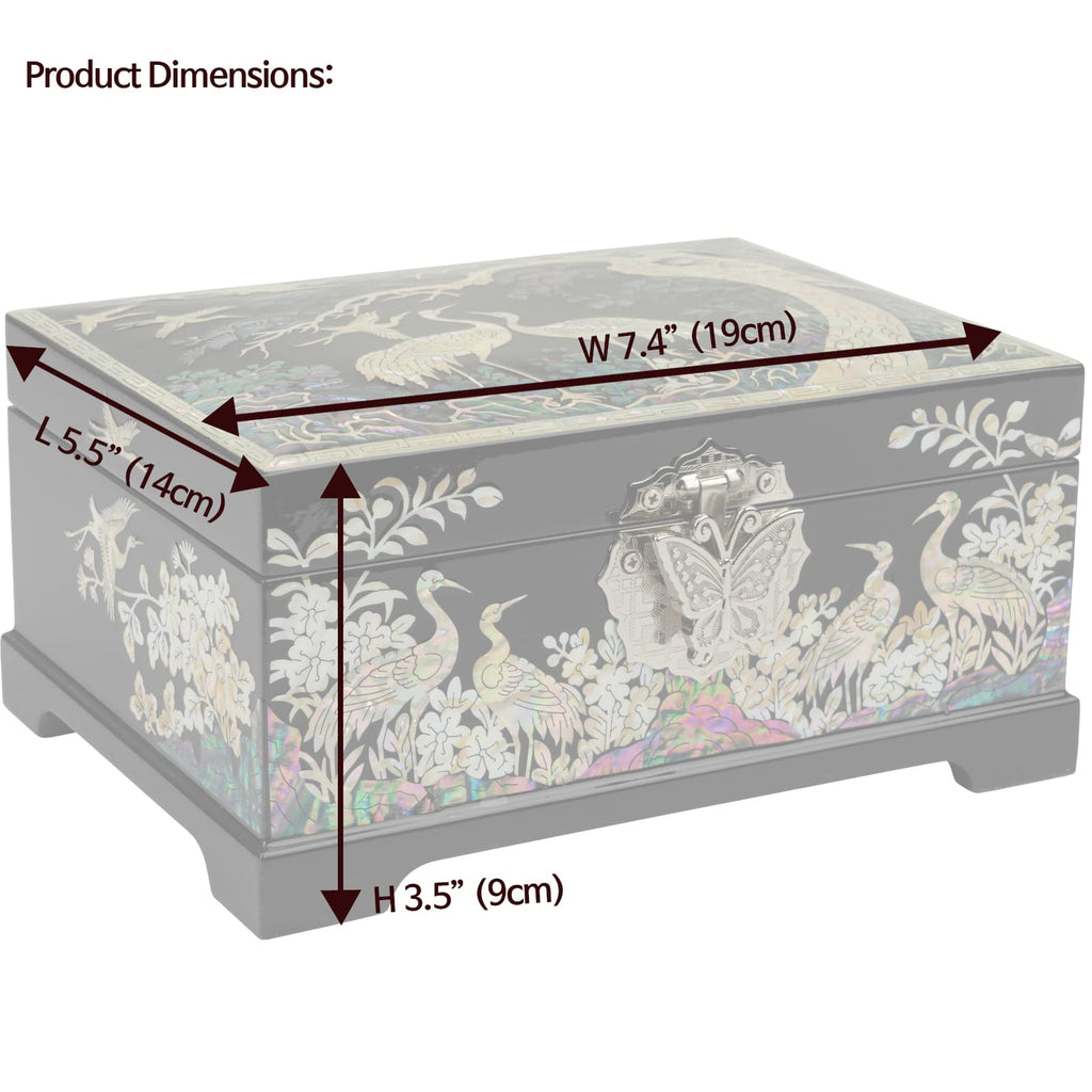 A Mother of Pearl jewelry box with dimensions labeled: Length 5.5 inches, Width 7.4 inches, Height 3.5 inches, decorated with crane motifs.