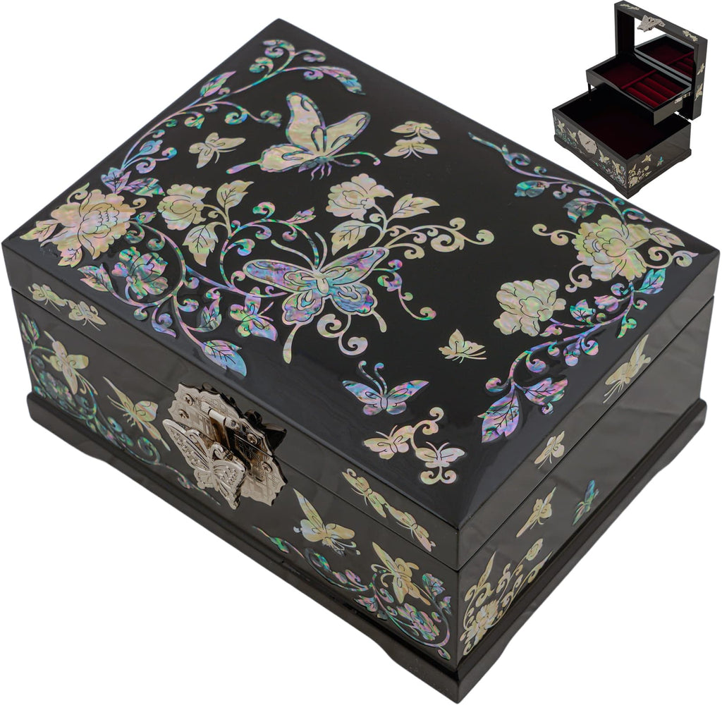 A black jewelry box with colorful mother-of-pearl inlays showing butterflies and flowers, with a metal clasp, displayed closed and open in a composite image.