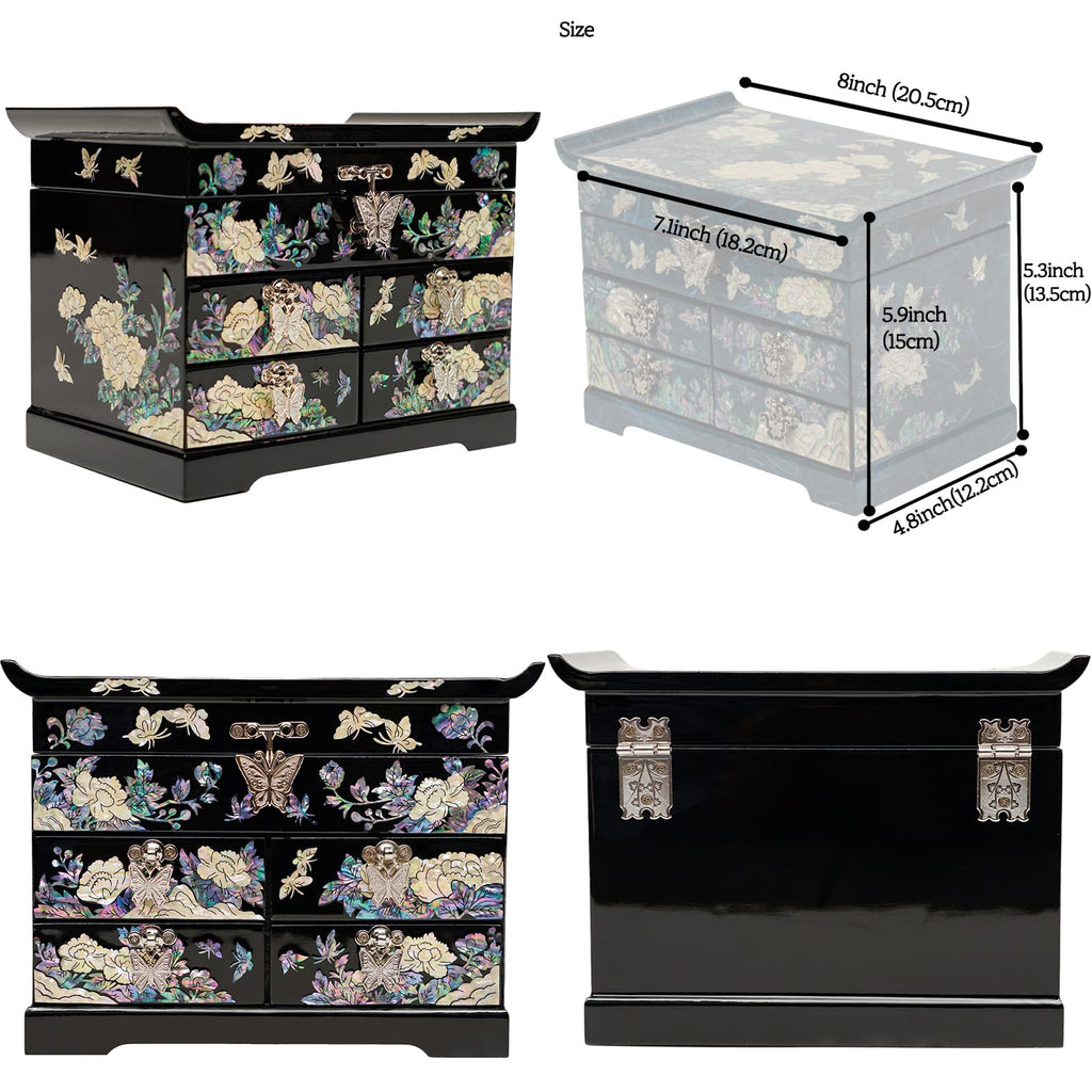A black lacquered jewelry box with intricate mother-of-pearl inlay showcasing floral and butterfly designs, flanked by drawers with metal pulls. Dimens