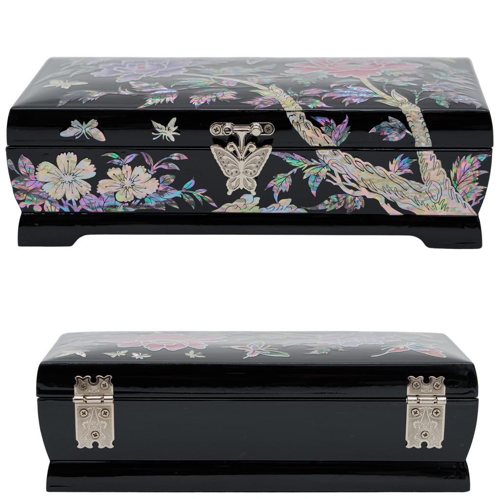 A black lacquered jewelry box with mother-of-pearl inlay, featuring floral patterns and butterflies, with silver metal details on sides and clasp.