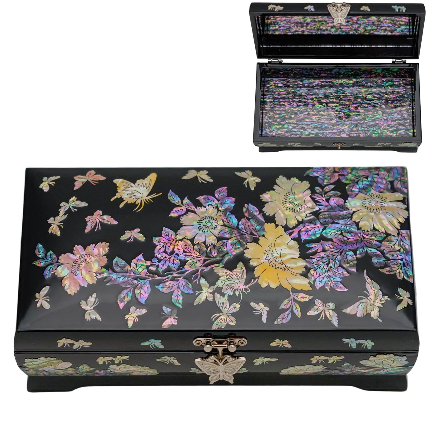 A black lacquer jewelry box with a vibrant mother-of-pearl floral design on top and front, displayed open to reveal a shimmering interior.