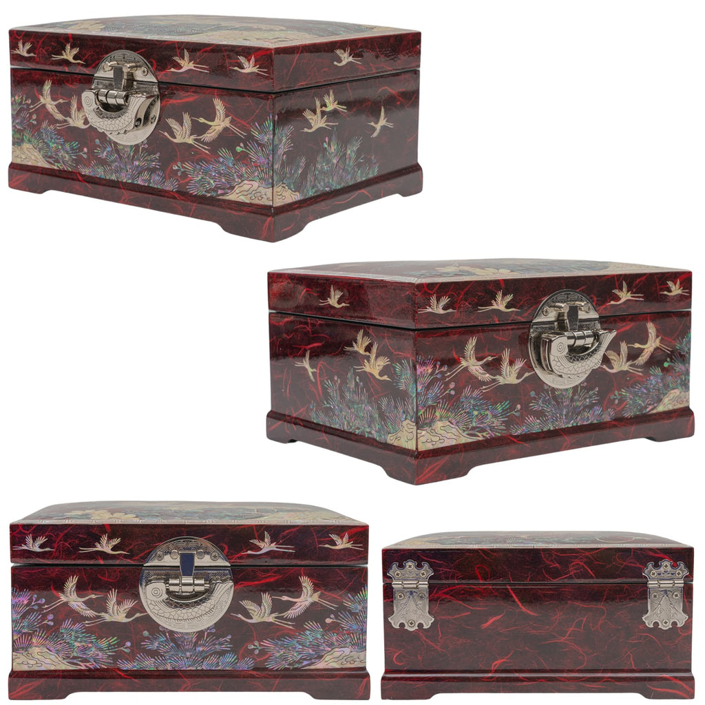 A collage of views showing a red Mother of Pearl box with intricate designs and silver clasps, highlighting the craftsmanship from various angles.
