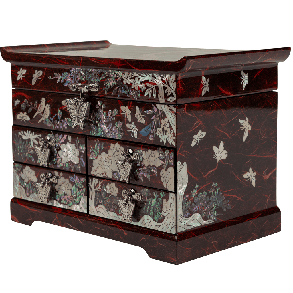 A dark red jewelry box with detailed mother-of-pearl inlays and butterfly clasps.