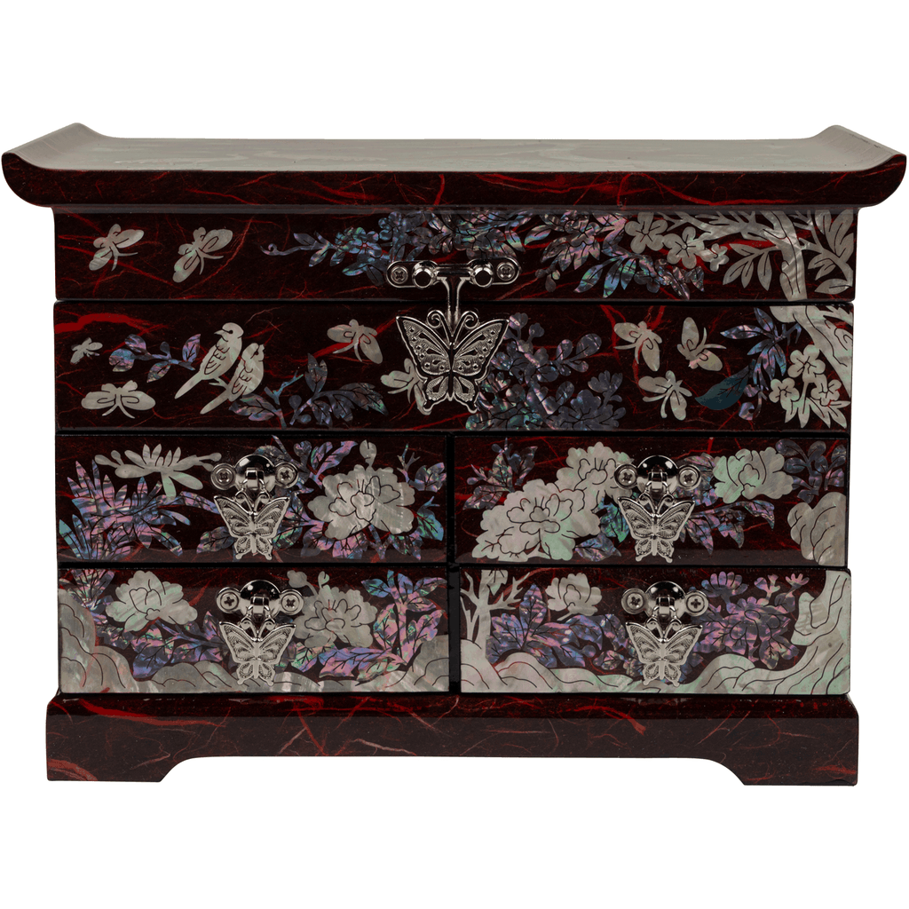 A dark red jewelry chest with mother-of-pearl inlay and silver butterfly pulls.