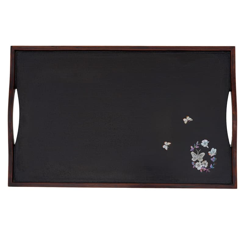 A dark wooden tray with side handles, featuring subtle mother-of-pearl butterfly and floral accents.