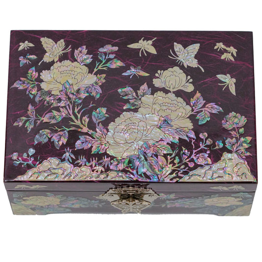Peony with Butterflies Large Purple Jewelry Box