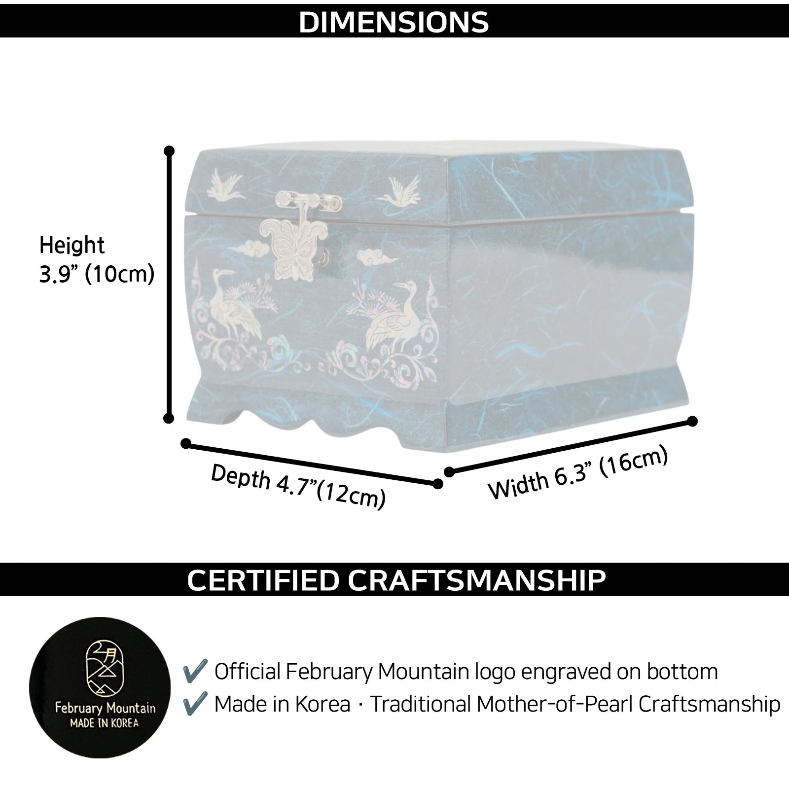 A dimension guide for a blue jewelry box showing a height of 3.9, depth of 4.7, and width of 6.3, featuring a butterfly clasp and crane inlays. It includes the February Mountain logo and confirms it is made in Korea