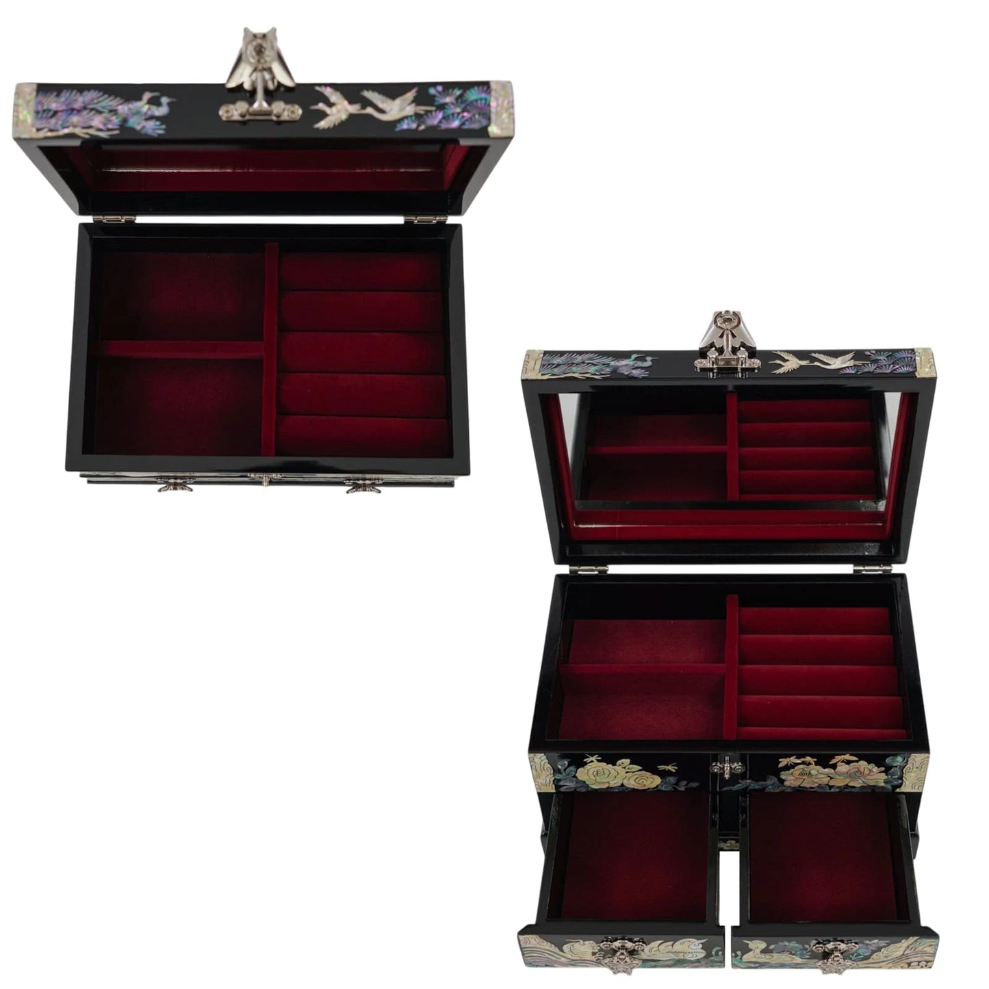 Aesthetic reflective shot of a closed black nacre jewelry box on a dark surface, showcasing the vibrant colors of the butterfly and floral inlays