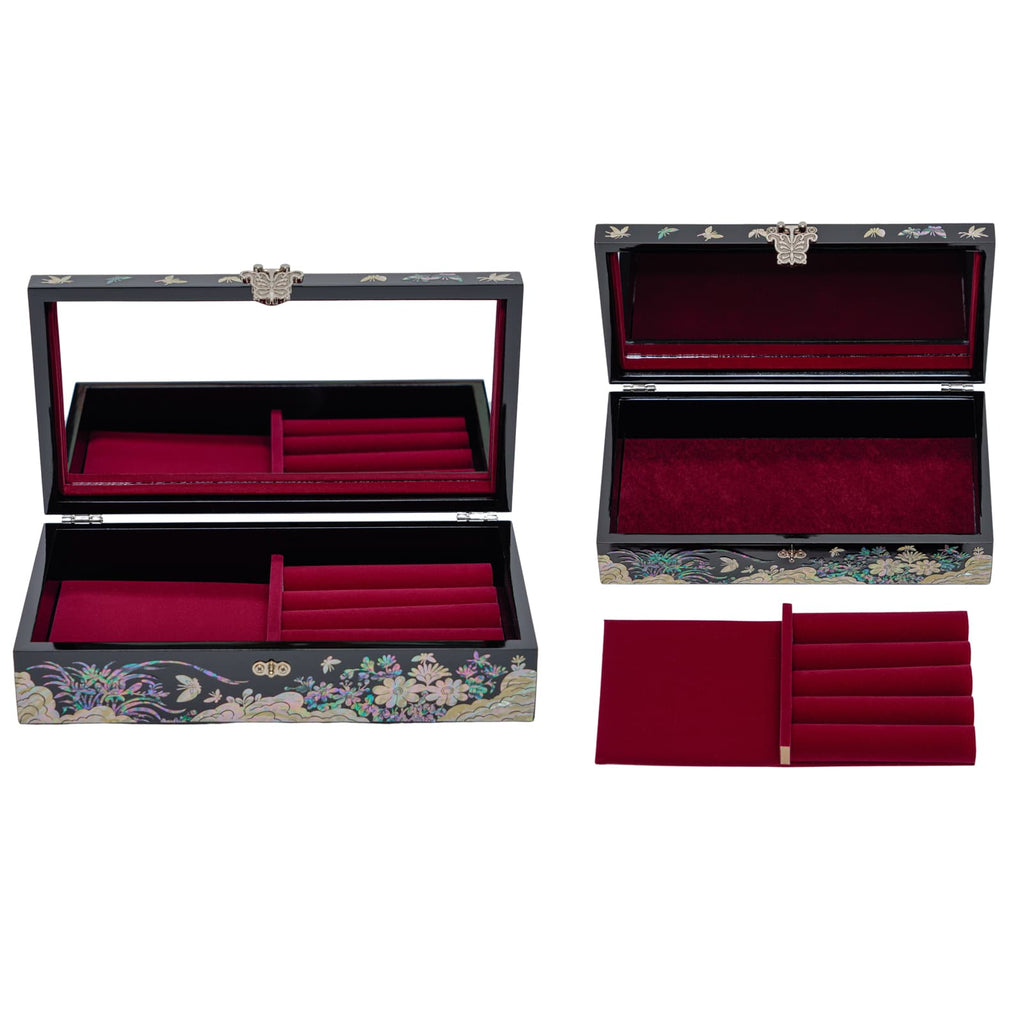 A jewelry box with mother-of-pearl inlay, red velvet interior, a removable tray with ring rolls, showcased from different angles, highlighting the intricate design and compartments.