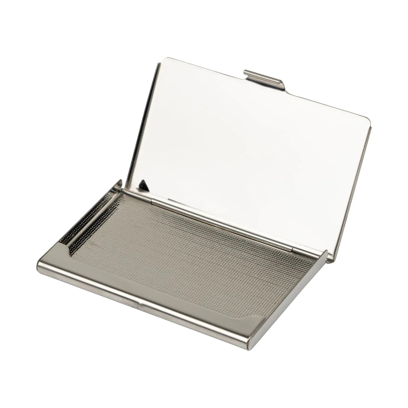 Metallic business card holder with a reflective surface on a white background