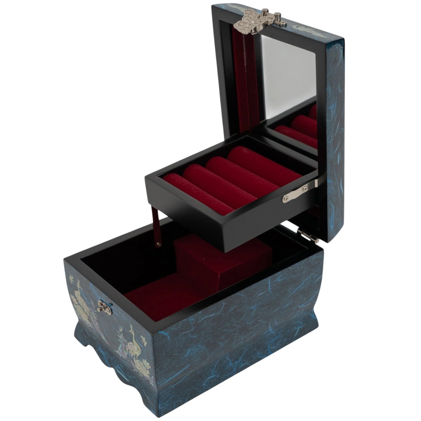An angled view of an open blue jewelry box showing a red velvet ring organizer, a small mirror, and iridescent peacock inlays on the lid.
