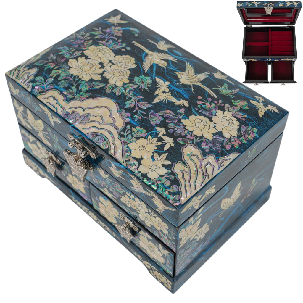 Angled top view of floral mother-of-pearl jewelry box with red-lined interior preview