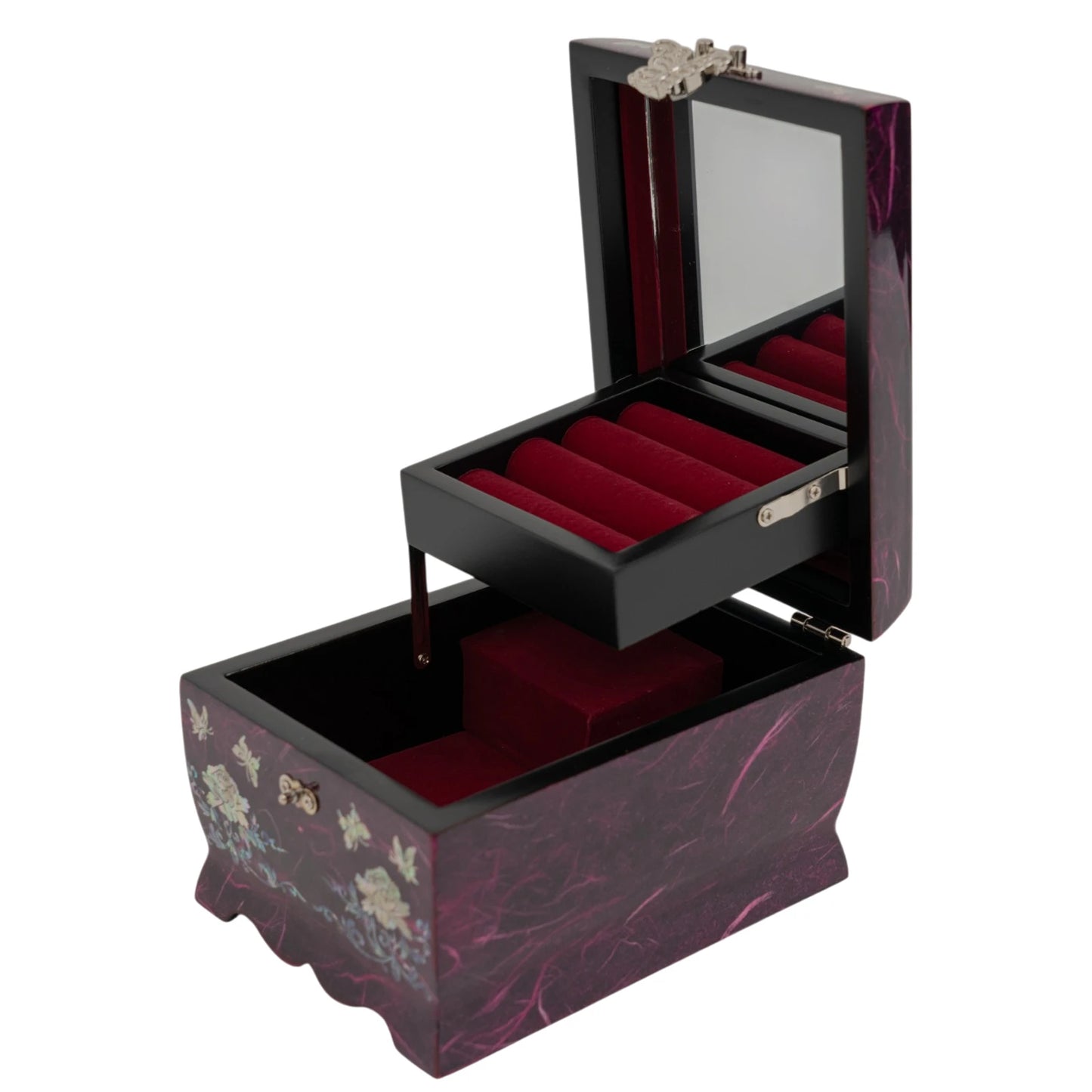 Angled view of an open purple jewelry box showing the tiered red velvet tray and the reflective mirror inside the decorative lid.
