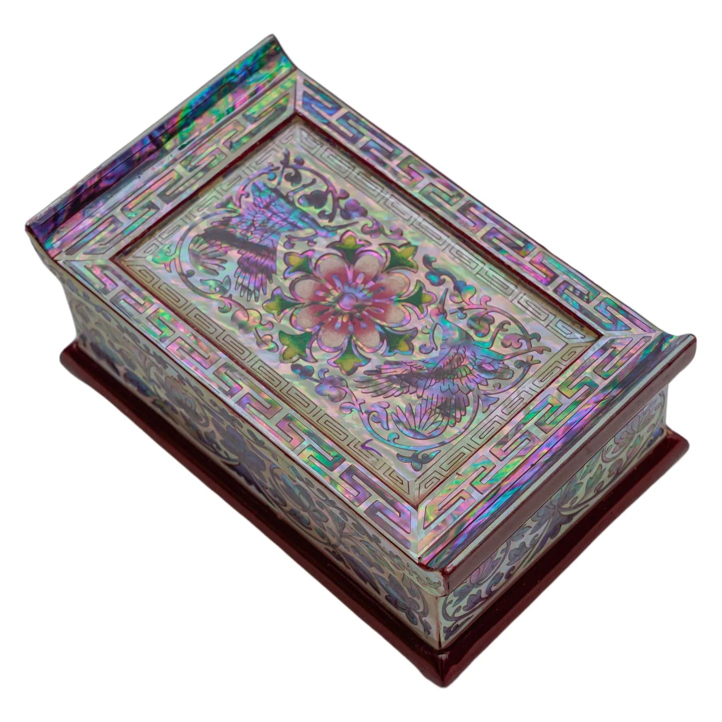 Angled view of traditional Korean box with detailed nacre design and curved lid edges