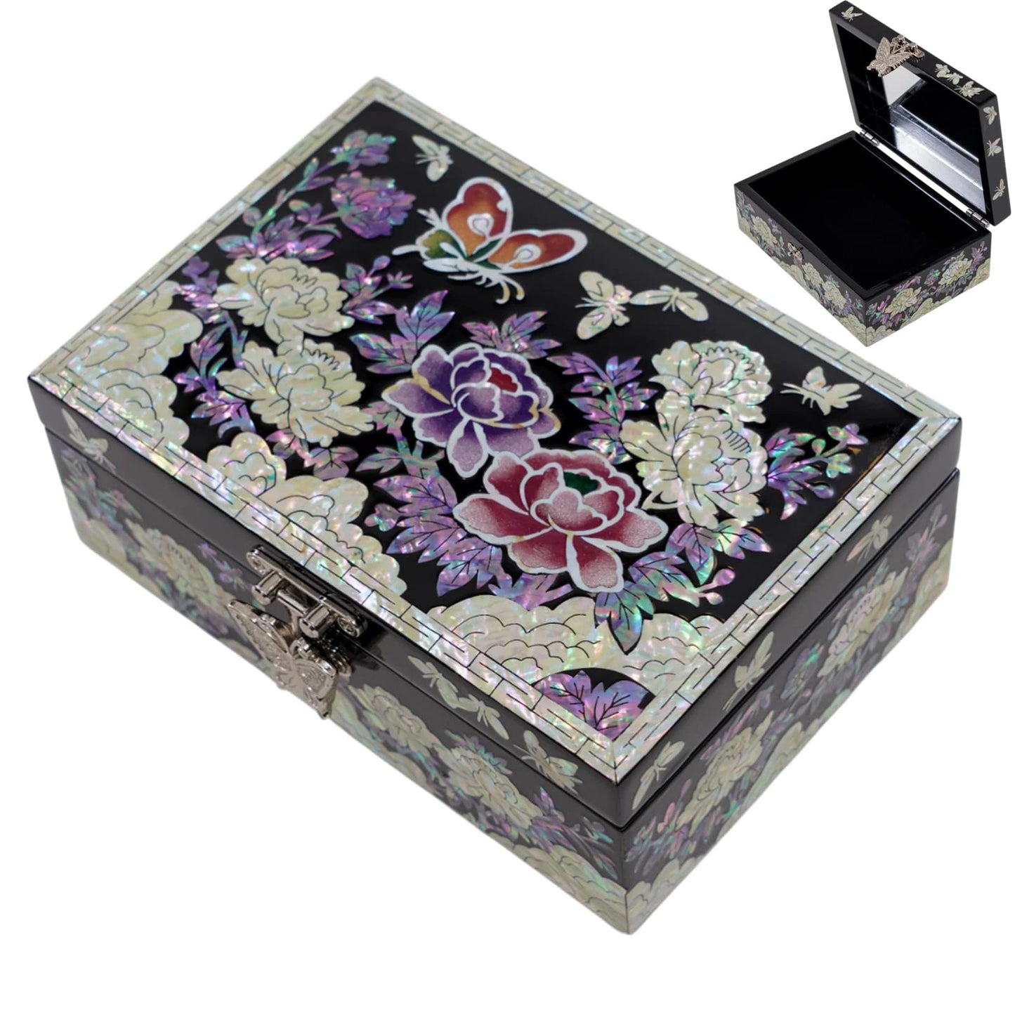 Angled open view of mother of pearl jewelry box featuring interior mirror, soft velvet lining, and secure hinge design