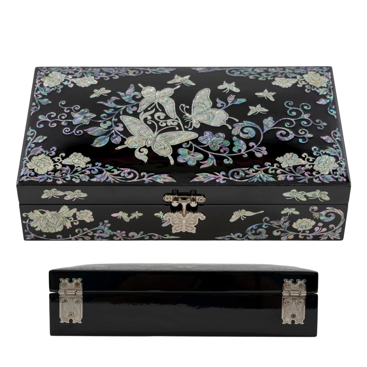 Angled shot of a black jewelry box highlighting its smooth curved profile and exquisite iridescent butterfly inlays along the to