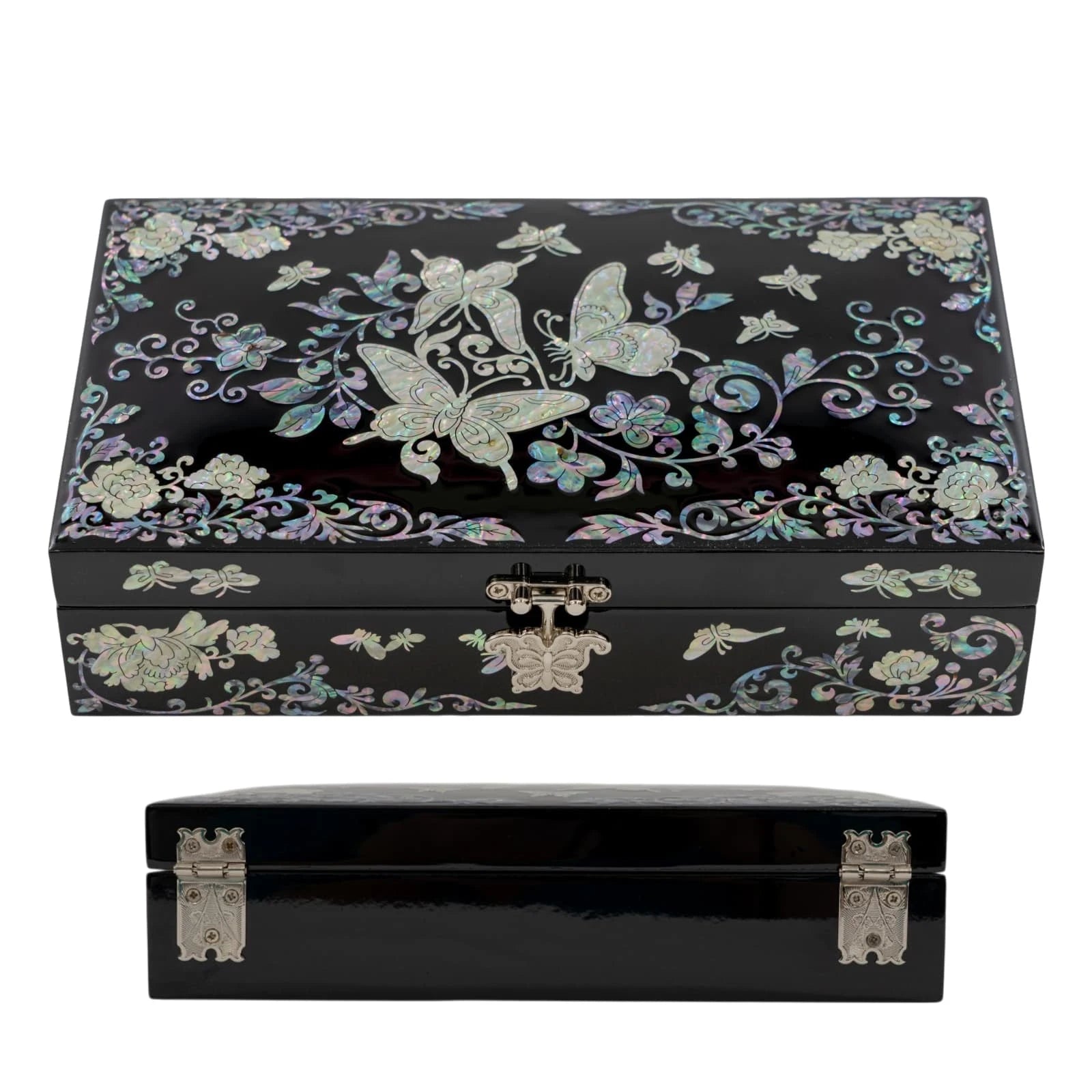 Angled shot of a black jewelry box highlighting its smooth curved profile and exquisite iridescent butterfly inlays along the to