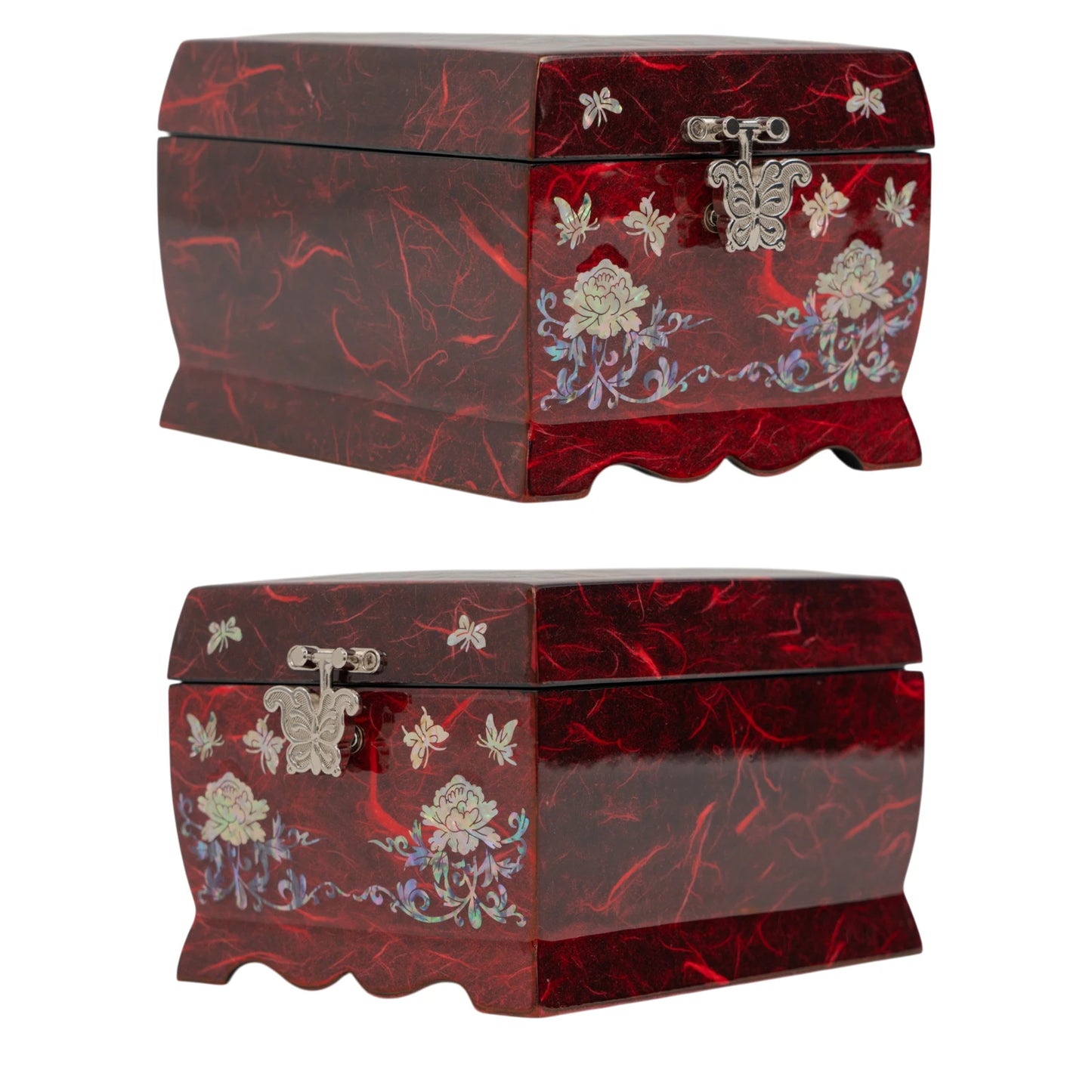 Angled side views of a red textured jewelry box showcasing the brilliant glow of the mother-of-pearl peonies and the elegant curved base.