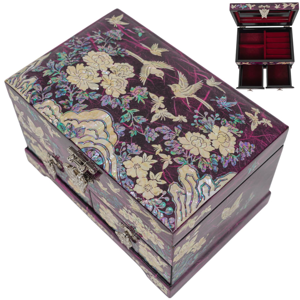 Angled top view of closed jewelry box and inset of opened interior