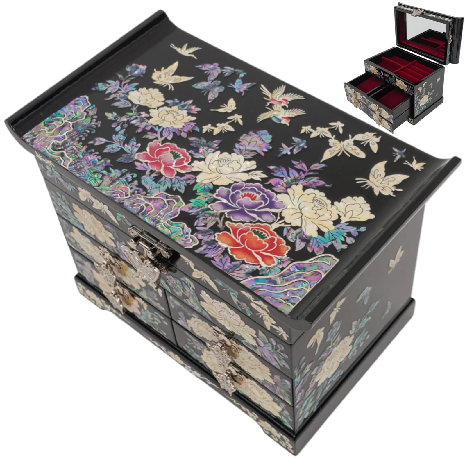 Angled top view of lacquer jewelry box with floral and butterfly inlay