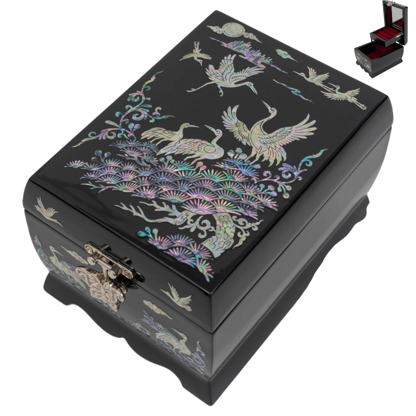 Angled view of a black jewelry box with mother-of-pearl crane art, including a thumbnail of the open red velvet interior and mirror.