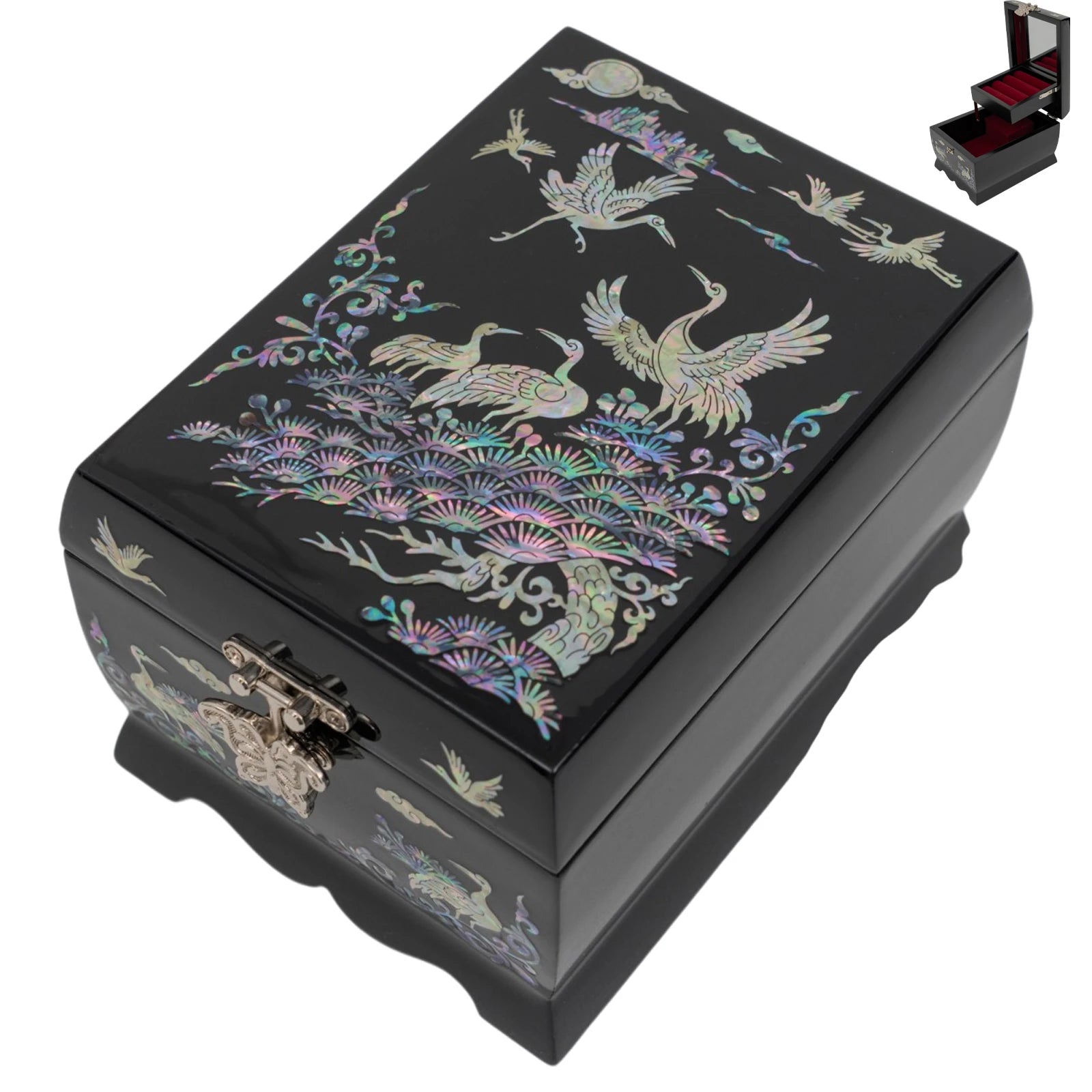 Angled view of a black jewelry box with mother-of-pearl crane art, including a thumbnail of the open red velvet interior and mirror.